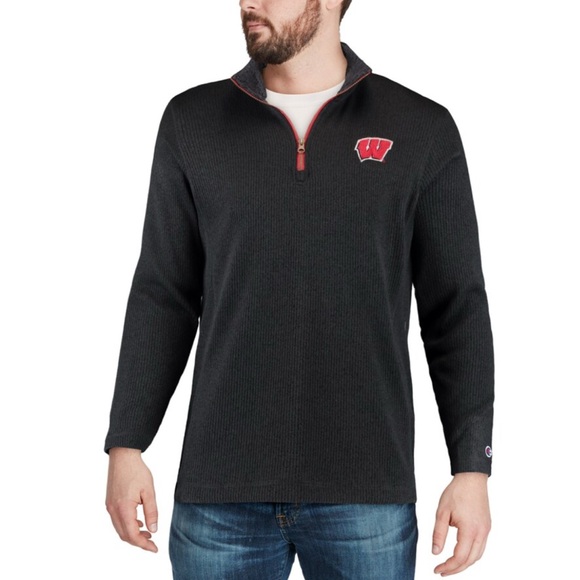 💝 Men’s Champion Charcoal Gray Wisconsin Badgers Ribbed Quarter Zip Pullover 2XL - Picture 3 of 6